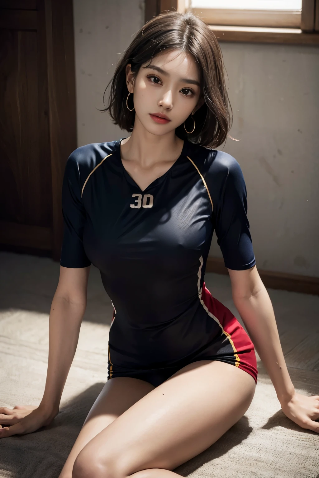 disorganized, RAW photo, very delicate and beautiful, masterpiece, highest quality, ultra high resolution, 16k, surreal, super detailed, perfect anatomy, super dense skin, perfect figure, Highly detailed CG 8k wallpaper, 20's, very slim body, tight waist, very small head, very small face, double eyelid, delicate features, compensate, tearful mole, mole on chest, earrings, beautiful and very thin legs, Beautiful and very thin thighs, ((very huge round breasts)), (((((three grandmothers))))), bronze hair, short hair, wavy hair, Sweat, No sleeve, abdomen, ((volleyball uniform)),Japanese,88 years old