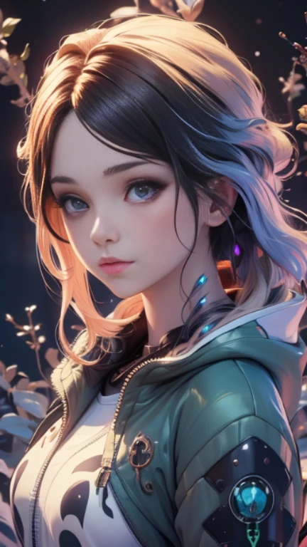 (dark dim dramatic atmosphere)+ 8k portrait of a girl with super long aurora hair, hair dissolving+ into bright full moon, in drip modern pastel red clothing, intricate, highly detailed, digital painting, smooth, sharp focus, illustration, ((masterpiece)), (art by Yoshitaka Amano:2)