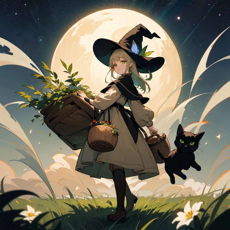 color々A witch around 25 years old carrying a large basket filled with medicinal herbs.. 、beige dress、黒colorのマント、 dark brown long boots、 green eyes、 smile 、Bluestone Pendant、night、 starry sky、 moon、buddy black cat、 grassland 、colorとりどりの花々
