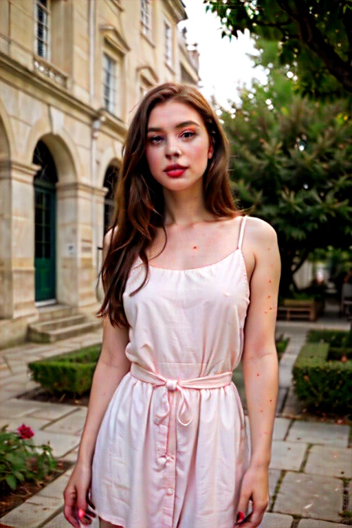 Woman with straight brown hair with very long hair down to her waist, light eyes, green eyes, around 22 years old, a mouth with thick lips painted with light pink lipstick and a small nose, asymmetrical oval face is wearing a dress from the 1700s She is alone in Versailles looking at the garden