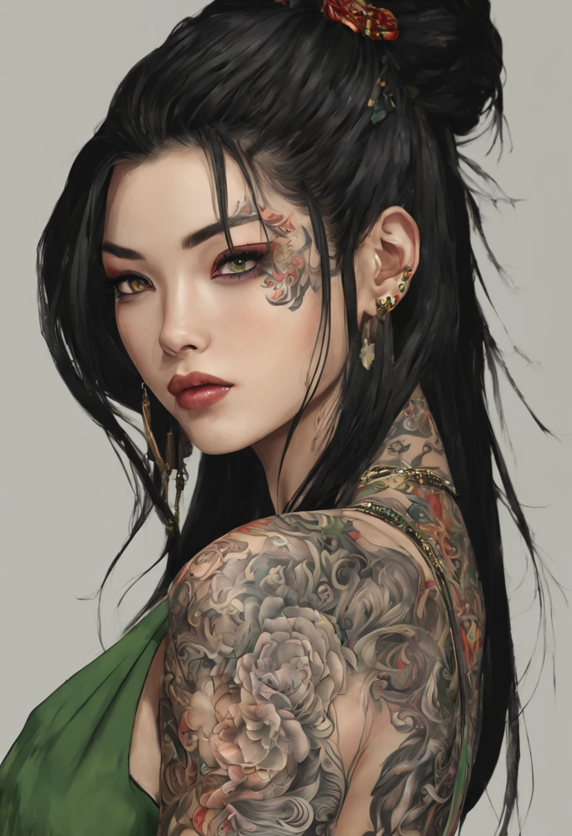 [[highly detailed face]], [[goddess face]], An Yakuza girl, showing all her tattoos, full body image, she is covered in tattoos, long black hair, high quality images, unreal engine, perfect skin texture, goddess face, green eyes!!!
