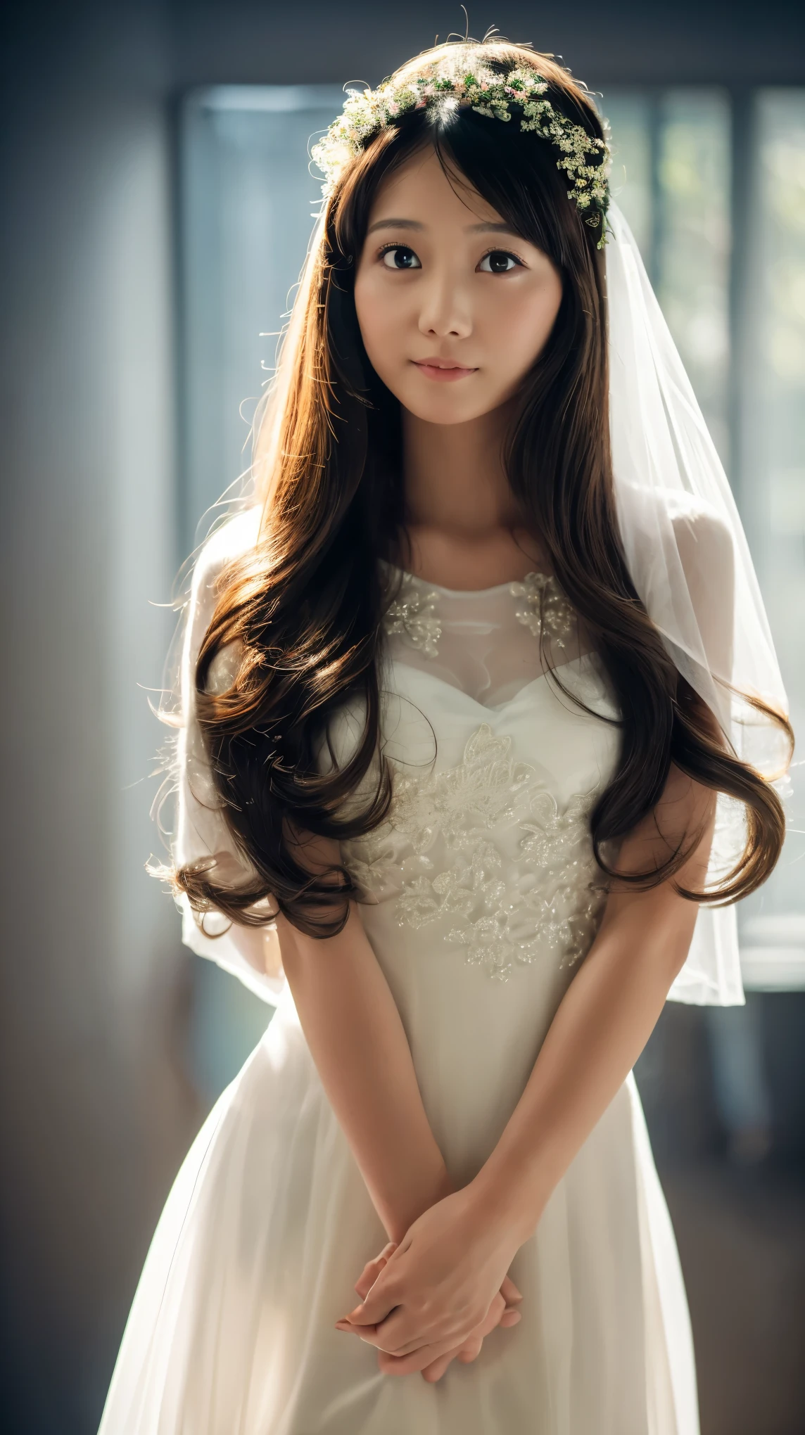 (Best Quality Detail:1.2), realisitic, 8K UHD, high resolution, Fuji Film(Medium format), Hasselblad, Carl zeiss, Incredible dynamic range photography(UTIL_Art by Smoose-768:1.1),nsfw, (1girl in:1.2),Lanky form,(Full body photo:1.4),front face,(from front:1.3), The ultra-detailliert, High quality textures, intricate detailes, detaileds, Very detailed CG, High quality shadows,((No Make Look:1.4)), Detail Beautiful delicate face,small fece,, Detail Beautiful delicate eyes, depth of fields, Ray traching, 30 years old, Pretty Japanese Girl, Slender face, Glossy lips, glow eyes,simple smail, perfect body, look at viewer, (Eye color brown), (long hair), (Layered Hair Style), simple wedding, dress(see-through:1.55), (simple background:1.35), ((dark background:1.35)), (depth of field)