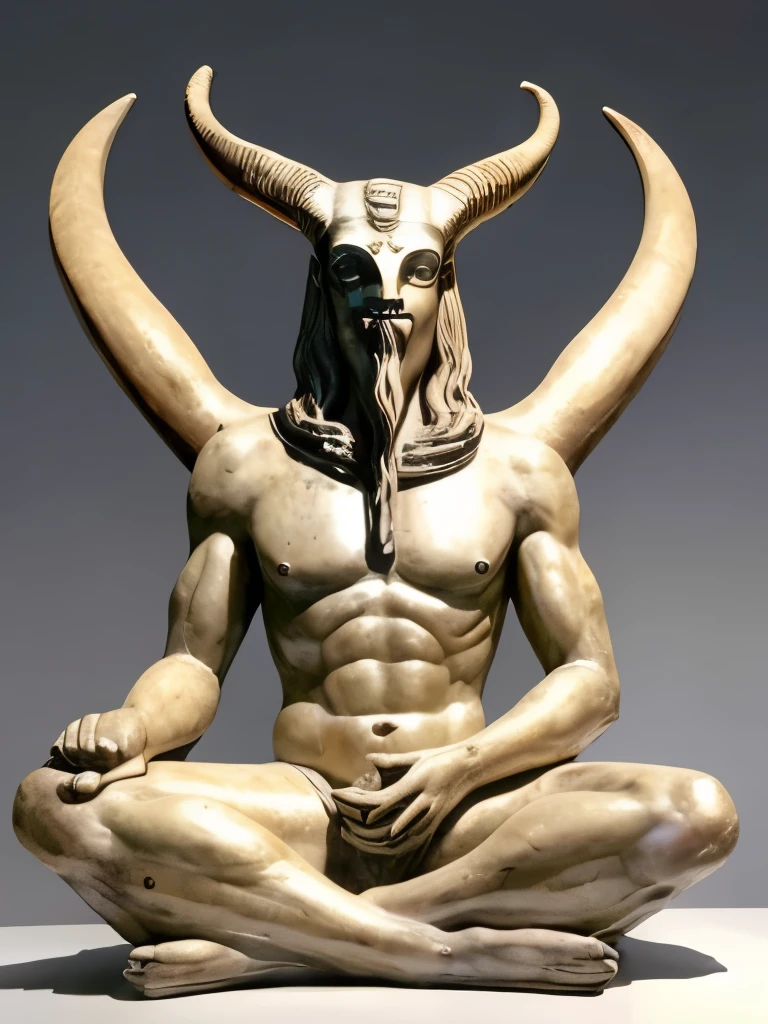 un gros plan d'une statue d'un homme cornu avec des cornes, Baphomet, avec style le démon assis, satanisme, sculpture of Moloch, Dieu à cornes, of Lucifer, scary horrifying Rituel sataniques, aleister crowley with Baphomet, Moloch, Lucifer, Corps satanique, Divinité masculine païenne attrayante, Rituel satanique, démon mâle en forme avec des cornes blanches