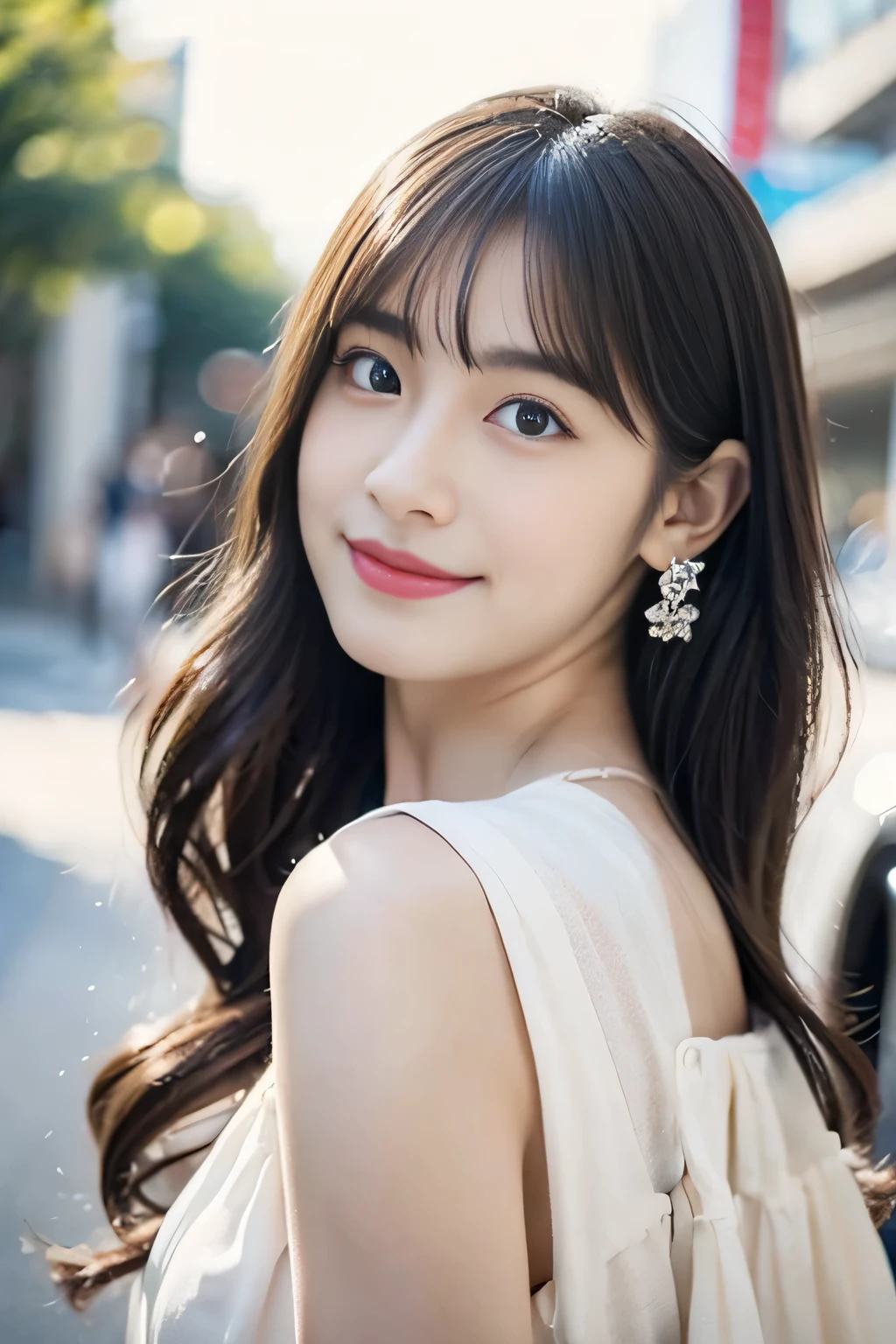 （３２K,high detail,high details,High resolution,high density,alone,：1.6）,（realistic person々,live action,detailed eye,High resolutionの目,fine eyes,eyes similar to them&#39;alive,beautiful dark blue eyes,Fishing eyes,lip details,clear white skin,detailed realistic face：1.3）,（Japanese ID,korean idol,japanese model,korean model：1.2）,（with a flushed face,natural makeup,necklace,earrings：1.4）,（well-shaped chest：1.5）,（A young but very beautiful and elegant Japanese person々１6 years old ,cute eyes,smile a little,backwards,looked back,looking at camera,fashion leader,business girl,,soft skin,Unforgettable eyes,her eyes are too beautiful）,（Please show me your whole body,Showing off full-body fashion：1.6）、 The only beautiful, young and cute 15 year old girl,A 15-year-old girl with both beauty and charisma..,Shin-Okubo's Koreatown、In underwear、bra、panties、