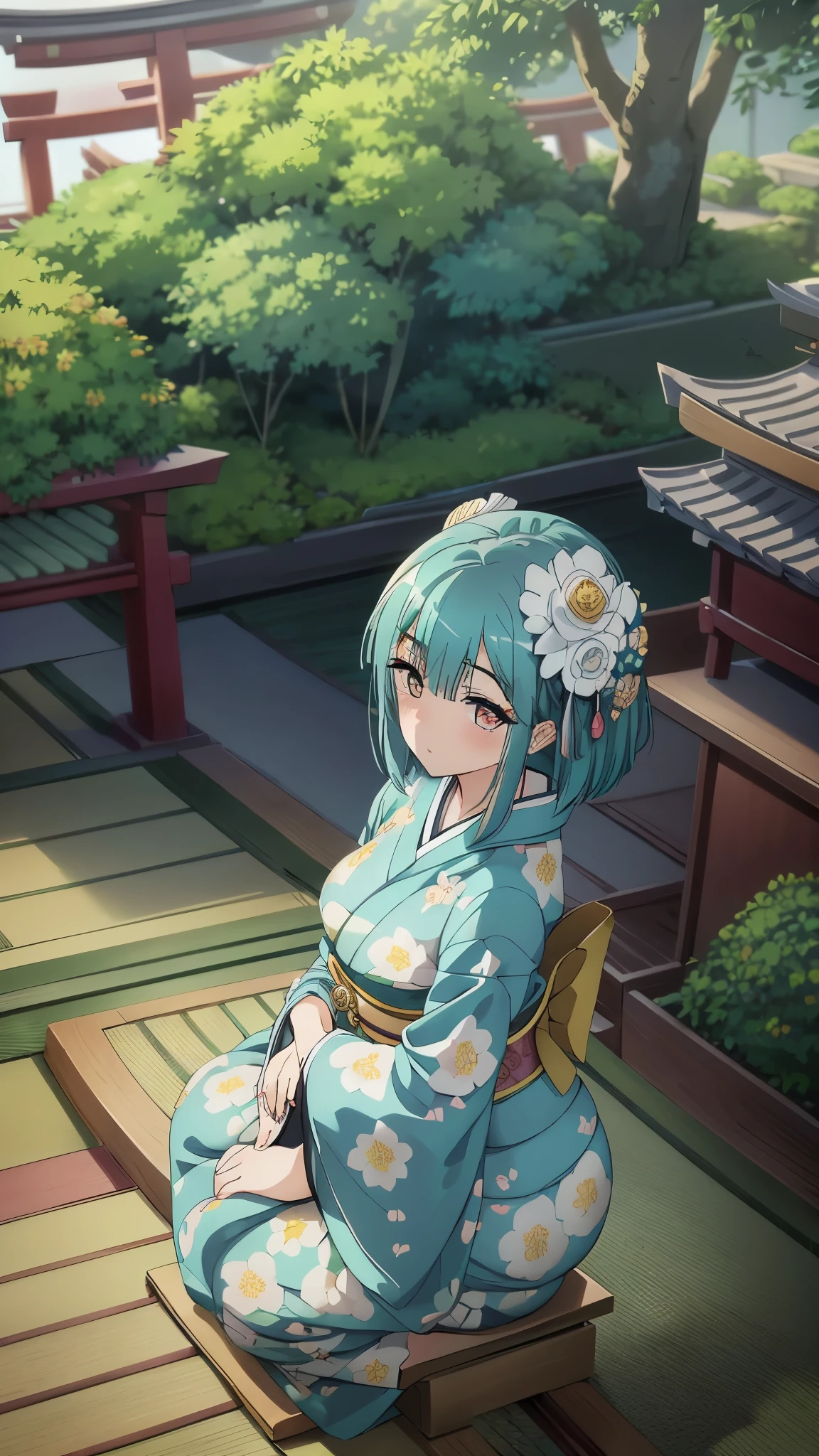1girl, solo, from above, (white lily flowers), aesthetic, intricate, best quality, detailed background, Sayaka Miki, ((girl wearing a patterned teal kimono:1.2)), (walking in zen garden), casual pose, detailed textures, posing, floral print, hair flower, hair ornament, japanese clothes, kimono, obi, outdoors, pagoda, petals, (teal kimono), sash, shrine, sky, stone stairs, torii, wide sleeves, yukata, close up, sitting