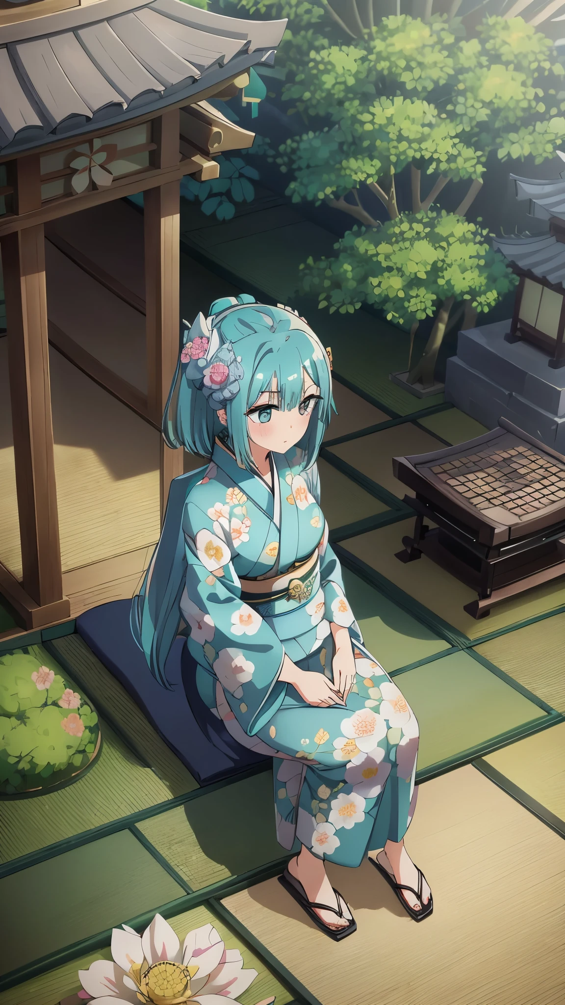 1girl, solo, from above, (white lily flowers), aesthetic, intricate, best quality, detailed background, Sayaka Miki, ((girl wearing a patterned teal kimono:1.2)), (walking in zen garden),  casual pose, detailed textures, posing, floral print, hair flower, hair ornament, japanese clothes, kimono, obi, outdoors, pagoda, petals, (teal kimono), sash, shrine, sky, stone stairs, torii, wide sleeves, yukata, close up, sitting
