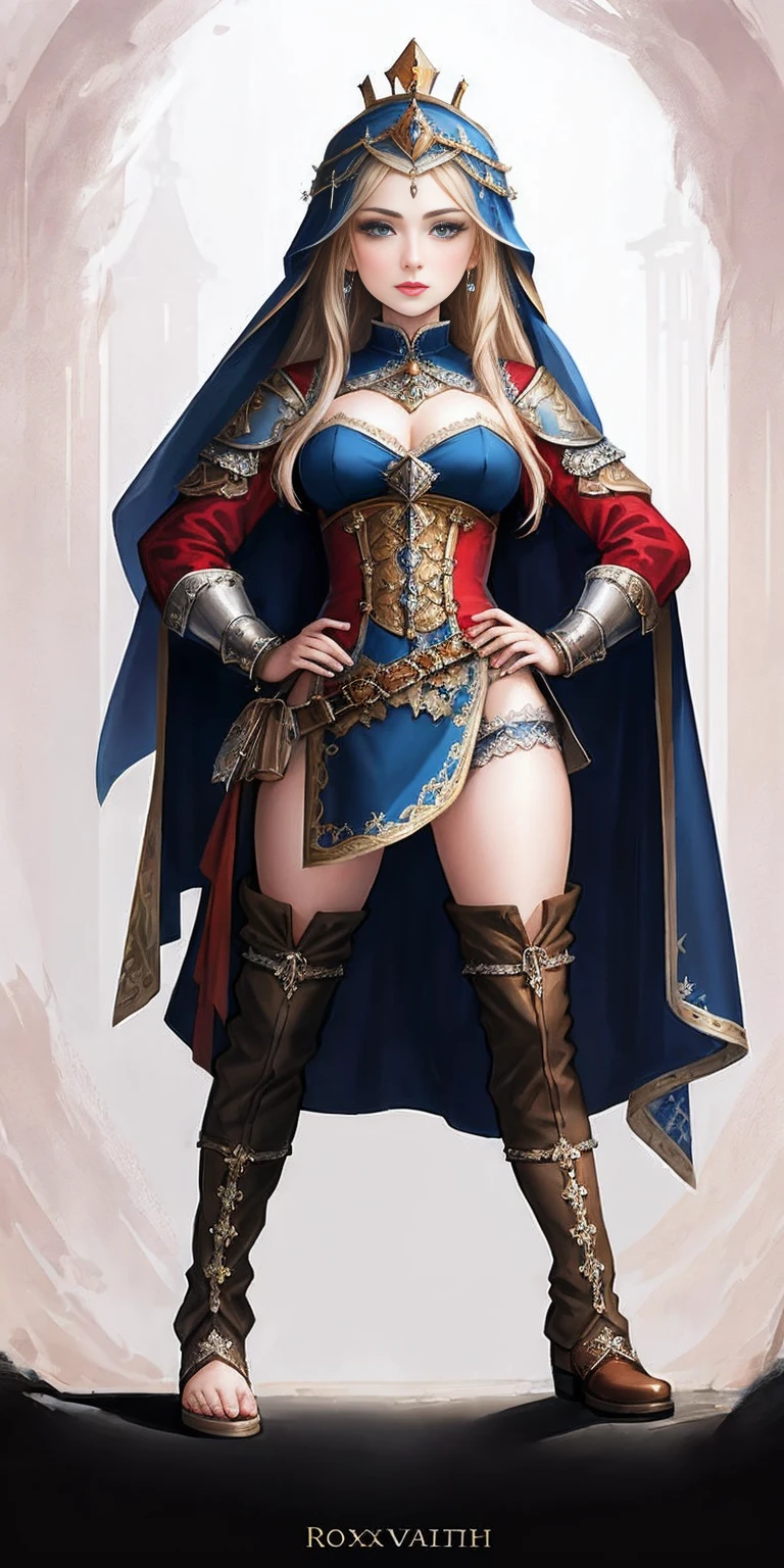 full body of a woman in a dress with a veil, feet together, standing feet together, militar boots, beautiful fantasy maiden slave warrior, beautiful fantasy art portrait, fantasy victorian art, medieval fantasy art, beautiful and elegant queen Roxxane, portrait of queen of light, fantasy portrait art, gothic fantasy art, a beautiful fantasy empress, ((white background)) hands on hips