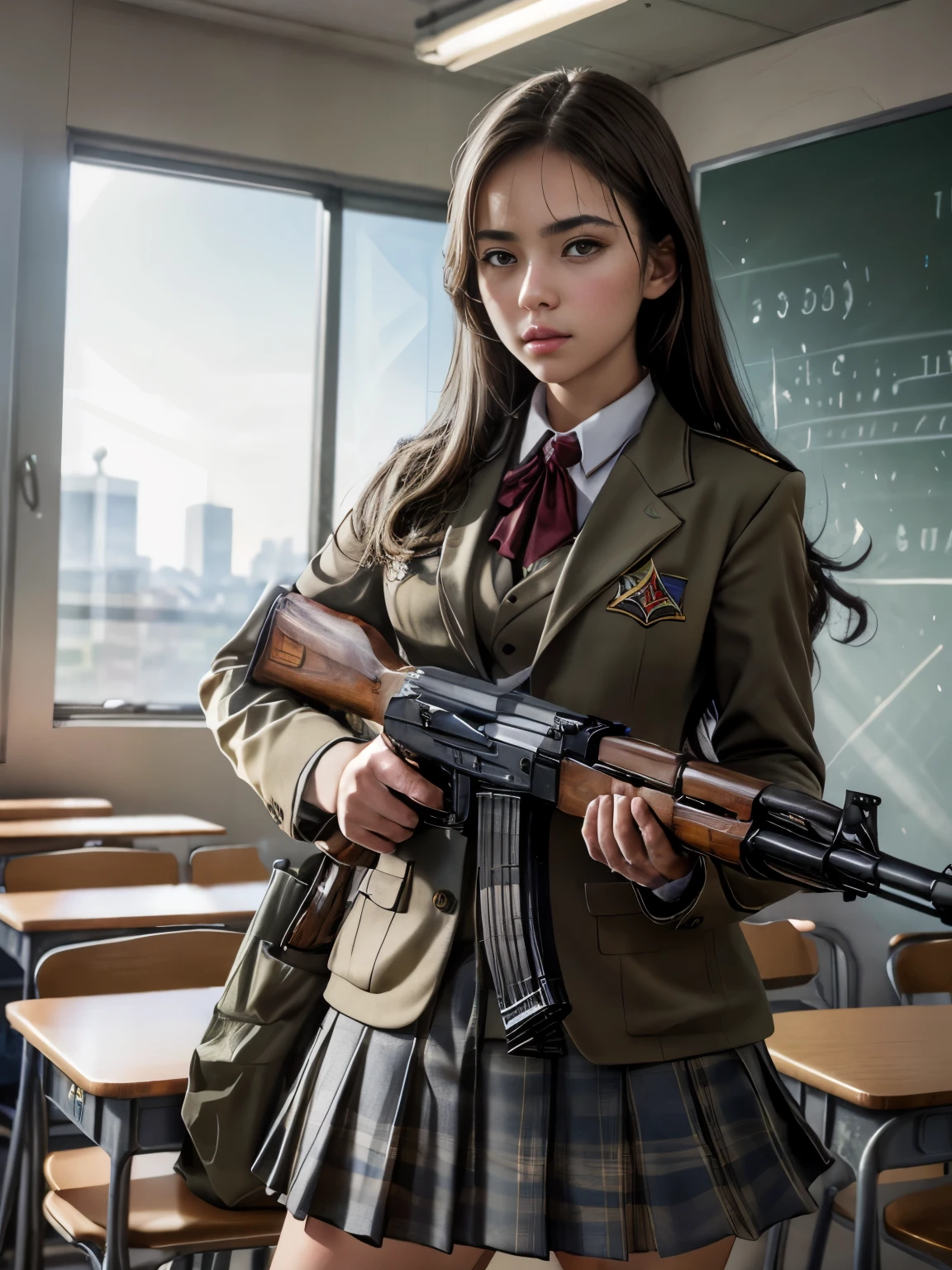 masterpiece, best quality, high resolution, extremely detailed CG,  1girl, school uniform, holding ak-47, akm, kalashnikov_rifle, assault_rifle, holding_gun, (aiming:1.2), finger on trigger, class room background