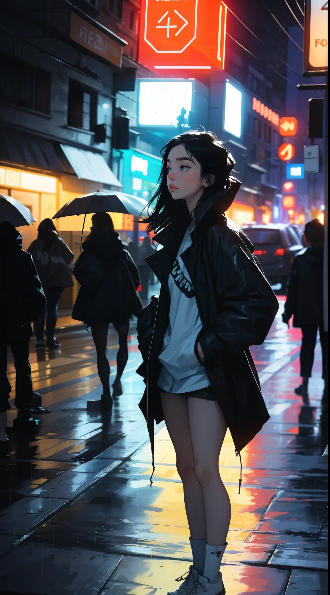 1girl,night city,rain,coat,hands in pockets, neon, light leaks, vibrant colors, bold hues.