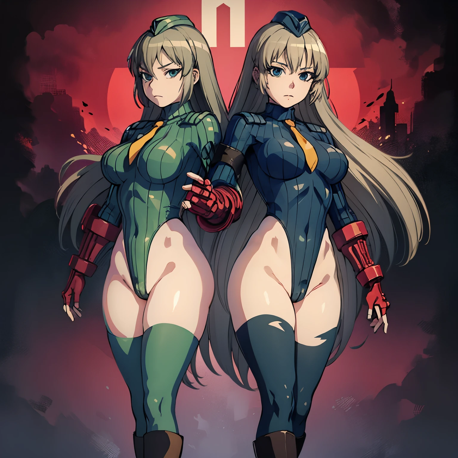 ultra-detailed, Explicit, Beautiful body, Beautiful Nose, Beautiful character design, perfect eyes, perfect face, ultra highres, 4K, beautiful legs, perfect legs, Nice hands, Perfect hand, Masterpiece, Best Quality, Highly detailed, illustration, absurdres, perfect anatomy, street fighter, doll suit, shadaloo doll, dollsuit, expressionless, blank eyes, looking at viewer, red gloves, emotionless, black latex, corrution, mind control, female combatant, full body, hypnotized, unhappy trance, full body suit, ribbed bodysuit, both arms at side, obey, perfect female body, extremely glossy latex, hypnosis, hypnoLora, empty eyes, Mind control device, poses, submissive_pose, Slave, hat, necktie, stand up straight, standing, standing at attention, hat, necktie, belt, latex, ribbed bodysuit, thighhighs, garter belt, Fighting Stance, extending the right arm from the shoulder into the air with a straightened hand, military, thigh boots, 1girl, hair ornaments, grey hair, long hair, green eyes, Ootorii Asuka, Magical Girl Spec-Ops Asuka
