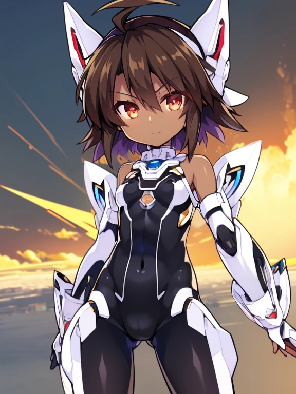 Masterpiece, highly detailed, ultra quality, ultra high .res, amazing quality, superior quality, glowing, date a live, xenosaga, Hyperdimension Neptunia white heart, no game no life, flat chested, (male), (9 year old boy), otokonoko, (((Dark skin))), cute, big innocent ruby red eye's, (dark brown hair), (white Mechanical exoskeleton), ((mecha_musume)),short hair,(((white elbow gloves))),((black bodysuit)),(floating_armor),Mechanical headgear,, white mecha thigh armoured attachment, black pants leggings, zoom in, close up, pose, adorable smile, adorable,