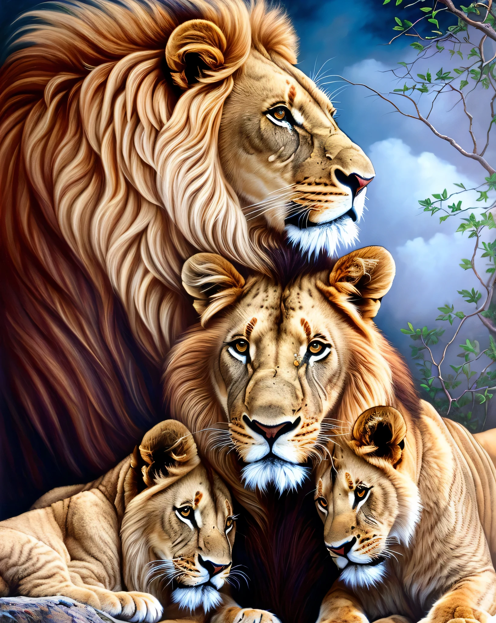 painting of a lion and cubs resting on a rock, lions, family portrait, animais Lindo detalhados, Majestade, fantastic art, majestoso painting, Direction: Howard Lyon, happy family, olhar orgulhoso, pó László Balogh, foto de animal de arte digital, Lindo art, digital oil painting with airbrush, por Zahari Zograf, majestoso!!! Lindo!!!, majestoso"ev;