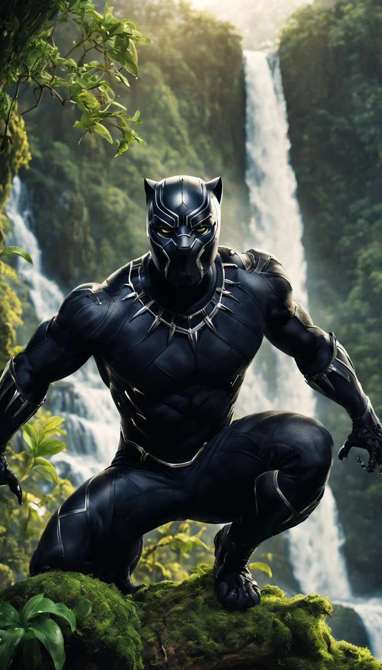 Black Panther from Marvel Universe, manly, hunk body, full detailed Black Panther costume, crouching on a tree branch over a ledge, waterfall background, tree with green moss and vines, flock of birds flying in distance, back lighting, dramatic scenery, cinematic style