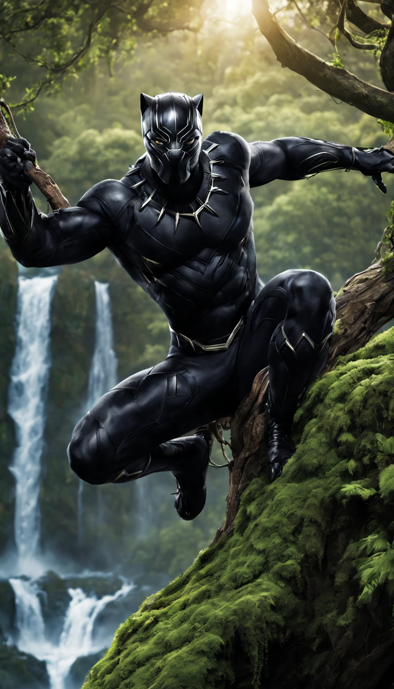 Black Panther from Marvel Universe, manly, hunk body, full detailed Black Panther costume, crouching on a tree branch over a ledge, waterfall background, tree with green moss and vines, flock of birds flying in distance, back lighting, dramatic scenery, cinematic style