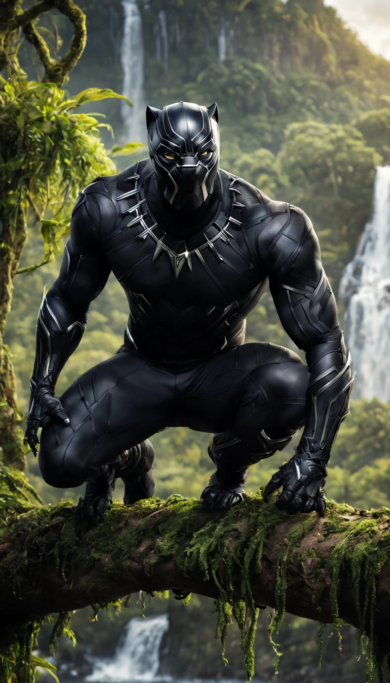 Black Panther from Marvel Universe, manly, hunk body, full detailed Black Panther costume, crouching on a tree branch over a ledge, waterfall background, tree with green moss and vines, flock of birds flying in distance, back lighting, dramatic scenery, cinematic style