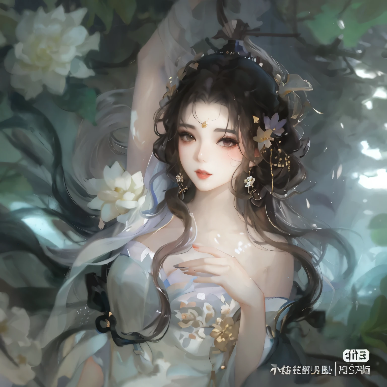 anime girl,long hair,Flowers in the hair, ethereal beauty, ((beautiful fantasy queen)), beautiful figure painting, author:Yang Jie, beautiful fantasy queen, guweiz, guweiz style artwork, Queen of the Sea Mu Yanling, Hungry Ghost Festival, Bowater's art style, Popular topics on cgstation
