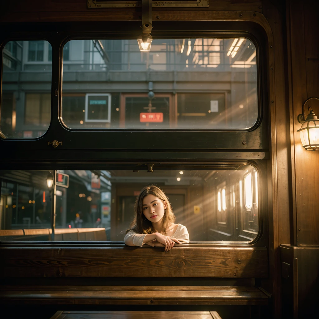 (best quality,4k,8k,highres,masterpiece:1.2),ultra-detailed,(realistic,photorealistic,photo-realistic:1.37),a person waiting in a beautifully lit train station,night scene,with a sense of anticipation,hoping for a loved one's arrival,shiny reflection on the floor,soft lights streaming through the windows,warm colors,vivid details of the person's facial expression,weathered wooden benches and walls,portraits,romantic color palette,subtle shadows,teary eyes,hazy atmosphere,distant sounds of the train approaching