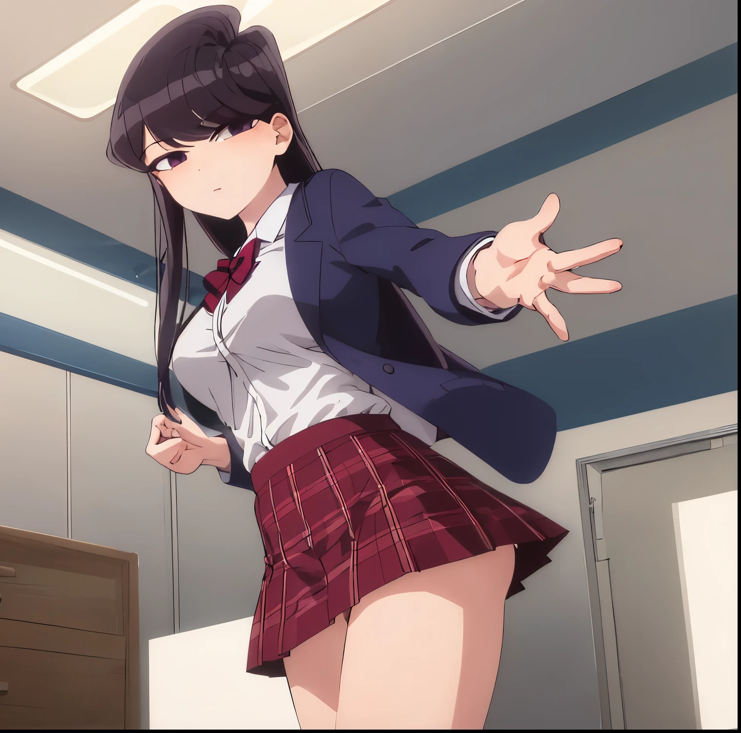 1girl, alone, shouko komi ((best quality)), ((highly detailed)), masterpiece, absurdity, (detailed eyes, deep eyes), (1girl), (alone), front view, dynamic pose, cowboy photo, Shoko komi, purple hair , long hair, bangs, purple eyes, expressionless, school uniform, jacket, red bow, red skirt, pantyhose, loafers, (indoors, on a space station, space, stars), medium breasts, medium hips, medium thighs,large breasts, medium waist, wide hips, medium thighs, (excellent anatomy), (excellent hands)