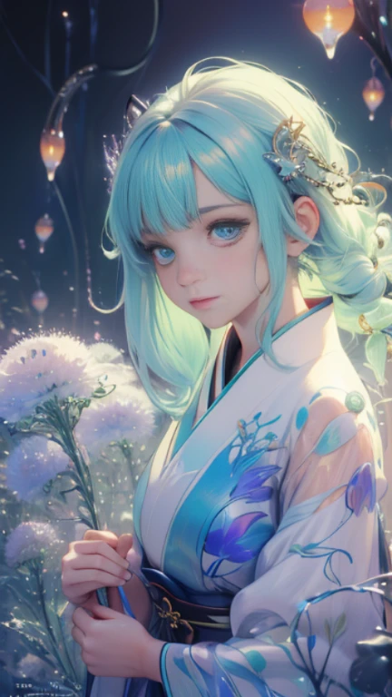 (The atmosphere was incredibly dim.)+ 8k portrait of a young woman with extra long aurora hair., Melted hair+ Look at the bright full moon., In a trendy pastel green dress., complicated, Highly detailed, digital painting, smooth, Sharp focus, illustration, ((Masterpiece)), (Art by Yoshitaka Amano:2)