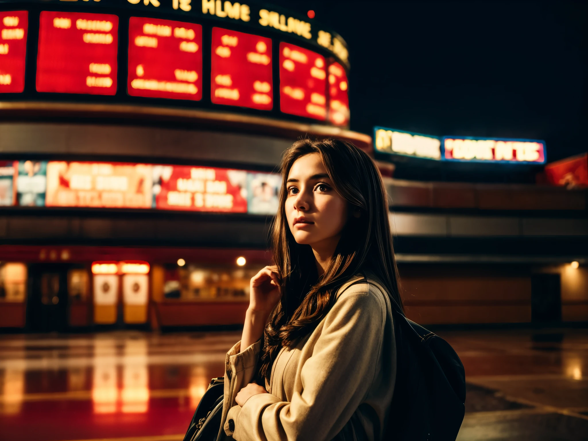 (best quality, 4K), a girl waiting for her boyfriend's arrival on their first date, in front of the movie theater,  Concerned about the time and looking at the clock, an anxious expression 