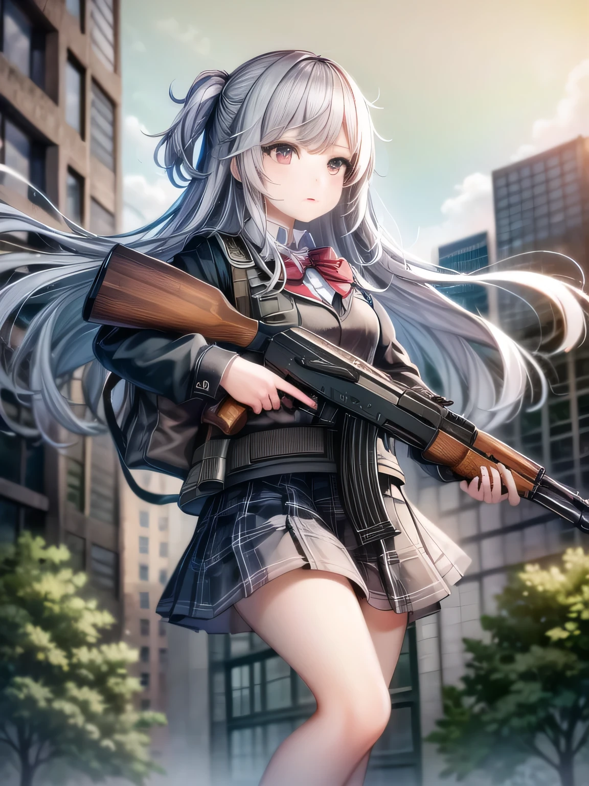 masterpiece, best quality, high resolution, extremely detailed CG, 1girl, school uniform, holding ak-47, akm, kalashnikov_rifle, assault_rifle, holding_gun, (aiming:1.2), finger on trigger, destroyed city background