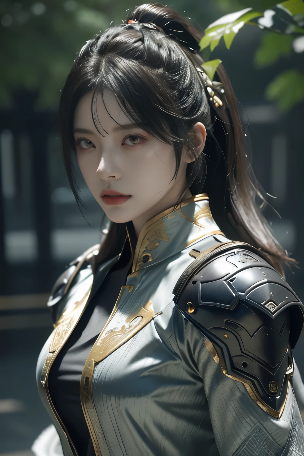 Game art，The best picture quality，Highest resolution，8K，(A bust photograph)，(Portrait)，(Head close-up)，(Rule of thirds)，Unreal Engine 5 rendering works， (The Girl of the Future)，(Female Warrior)， 22岁少女，(Female hackers)，(White，Ancient Oriental hairstyle)，((The pupils of the red eyes:1.3))，(A beautiful eye full of detail)，(Big breasts)，(Eye shadow)，优雅迷人，冷漠，((Anger))，(Cyberpunk jacket full of futuristic look，Joint Armor，There are exquisite Chinese patterns on the clothes，A flash of jewellery)，赛博朋克人物，未来风格， 拍照姿势，城市背景，Movie lights，Ray tracing，Game CG，((3D Unreal Engine))，oc渲染反射纹