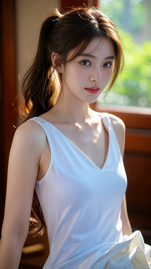 (Best quality), (reality, ảnh reality:1.3), (masterpiece:1.3), CG, unified, 8k, Great, Exquisite details, super detailed, High resolution, absurd
, (1 girl), solo, cute, sexy body, Youthful, (look at the viewer), (closed mouth:1.2), (medium chest), Abstract, extremely delicate and beautiful, extremely detailed, cô gái chi tiết đẹp, the most beautiful darkness, mắt và khuôn mặt extremely detailed, Nice detailed nose, Beautifully detailed hands, beautiful smooth glossy lips:0.8, ((oily body skin)), Dynamic lighting, ((Cinematic lighting)),
medium hair, wavy hair, side ponytail, Blonde, blue eyes, white dress, medium chest, narrow, sparkle, gorgeous face, (Elegant face)