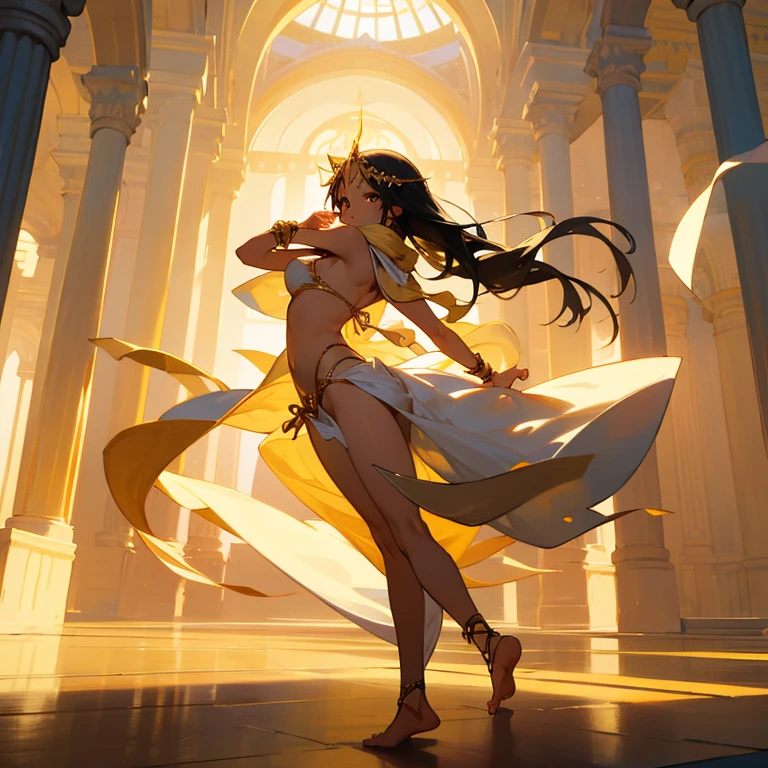 、harem、Young girl dancing wearing a white bikini、long black hair、wheat-colored skin、barefoot、circlet、anklet、bracelet、palace、lots of western lights、scarf、
