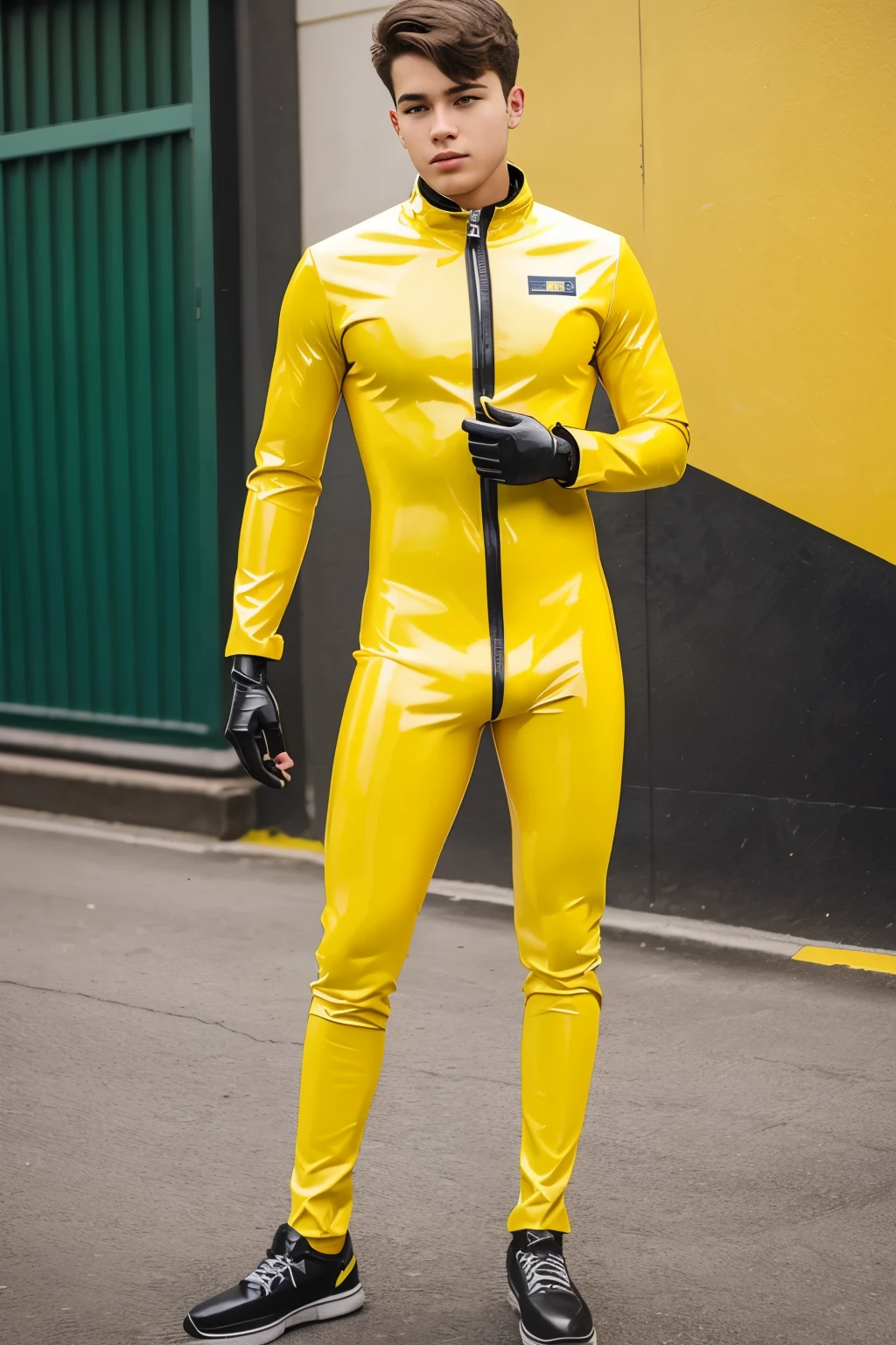 A high school boy wearing tight yellow latex catsuit 