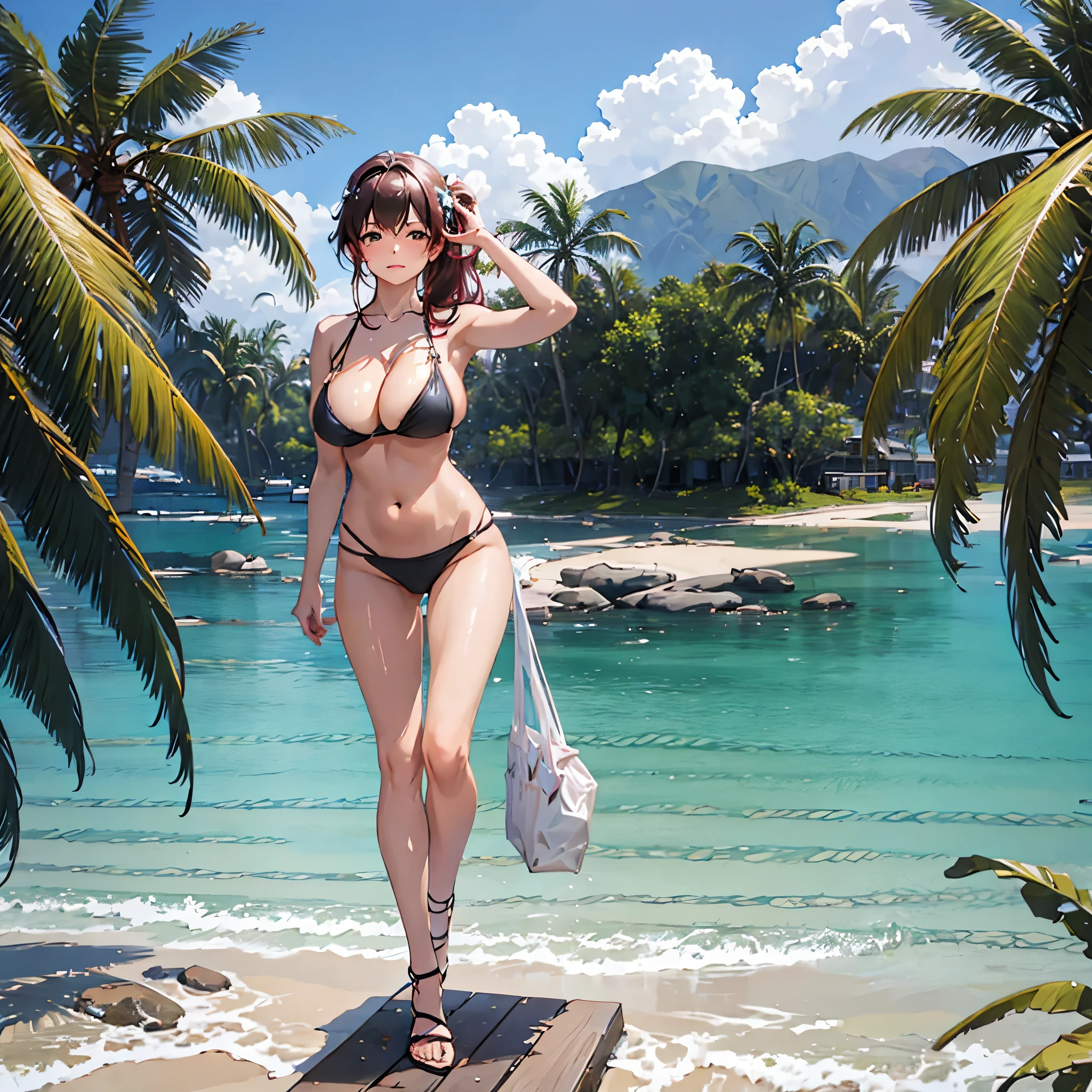 a woman walking on the beach, big breasts