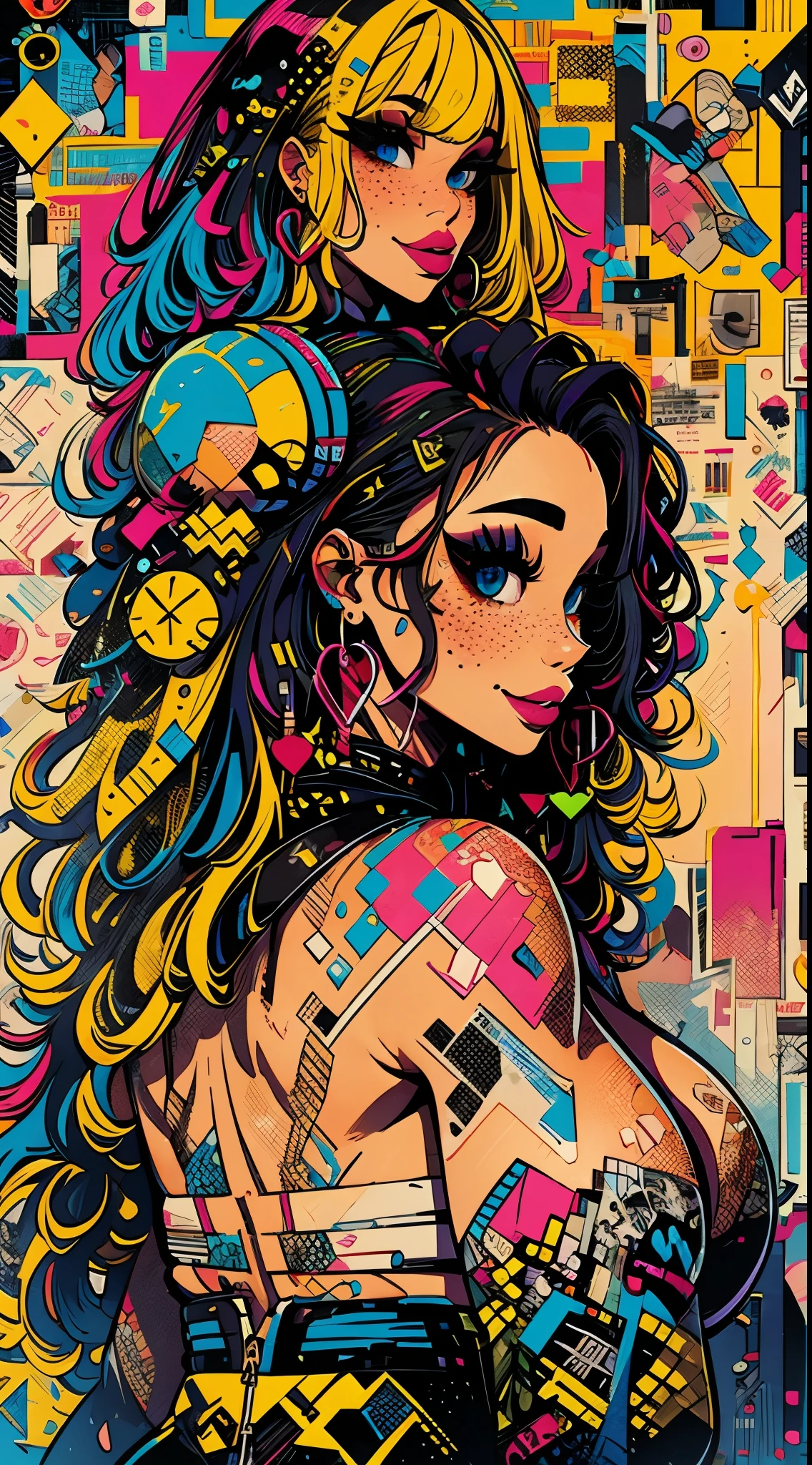 Sexy woman , big ass showing, plump pursed lips, freckles, long curly blue and yellow hair with bangs, crystal blue eyes with smoky eye shadow and black eyeliner, black semi-matte lipstick, dark skin, flirty smug smile, large intersex genital bulge, fit body, large plump breasts, showing butt