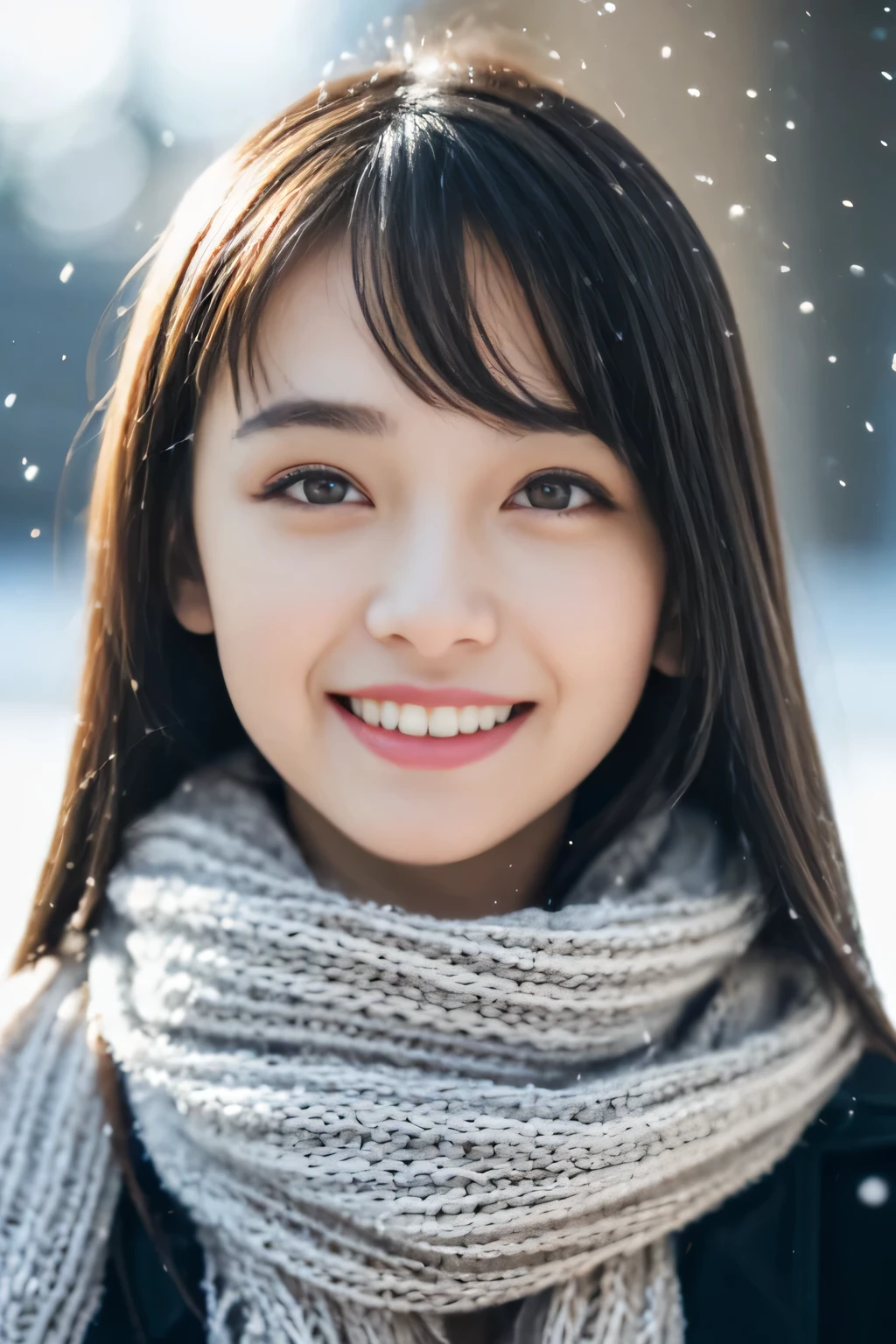 (realistic、Photoreal、Super detailed、best detailed skins、highest quality、masterpiece、ultra high resolution)、(Paul Rubens and Rebecca Guay Style:1.1) 、cute japanese woman、、high school girl、young girl、1 girl、have bangs、double eyelid、drooling eyes、big black eyes、Japanese style face、smile、Charm、purity、clean face、double teeth、watch here、realisticな肌質、thick muffler、Grey muffler、fluffy hair、((hair is inside the scarf:1.3))、red cheeks、the wind is blowing、that'It's snowing、illumination、Light is coming in from behind
