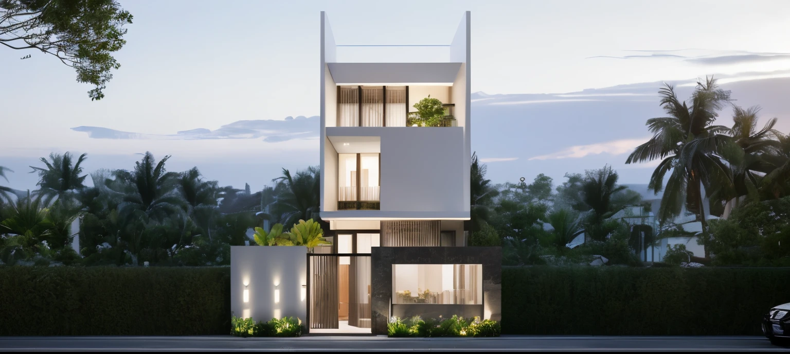 A (Photorealism:1.1) architect style indochine, car parked in front of a two story building, clean linework, frontview, inter dimensional villa, (white wall:1.1), White column and wall details, (detail roof tile:1.1), (window glass detail:1.1), (wall lamp) 3rd floor details, (Balcony fence details:1.1), exterior design, white detailed sketch, neo - classical style, architectural illustration, realistic architecture, architectural concept, residential design, (masterpiece),(high quality), best quality, real,(realistic), super detailed, (full detail),(4k),8k,architecture, RAW photo,Masterpiece, high quality, best quality, authentic, super detail, exterior, outdoor town house style, street, white wall, lobitum roof, refection glass windows, climbing plant on the bacony,(straight line architecture arch:1.2), trees, beautifuL sky, (day:1.1),vray, people walking on the sidewalk in front of a house, photo render, corporate photo, digitally enhanced, render, exterior shot, photorealistic, screengrab, (god ray:1.1), digitally painted, transparent, front-view, an illustration of, full - view, discovered photo, still capture, unreal engine 5, octane render, cinematic, front lighting, ultra-detail, ((realistic)) depth of field, photography, ((Super detailed)), FKAA, TXAA, RTX, SSAO, Post Processing, Post-Production, CGI, VFX, SFX, Full color, HDR, Realistic,8k,((Unreal Engine 5)), Cinematic intricate detail, extreme detail, science, hyper-detail, FKAA, super detail, super realistic, crazy detail, intricate detail, reflected light on glass, eye-catching wall lights, unreal engine 5, octane render, cinematic, 8K,Detailed, High-fidelity, Viwvid, Crisp, The sun shines on the project,  Sharp, soft lighting, Bright, Stunning low, ((Lifelike)), Natural, ((Eye-catching)), Illuminating, Flawless, High-quality,Sharp edge rendering