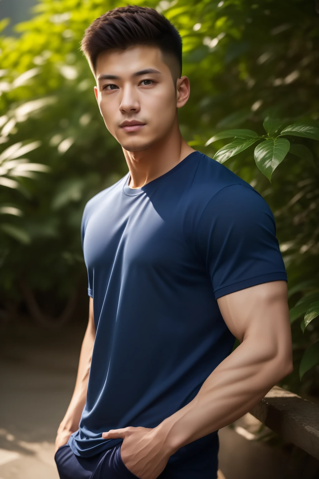 Man in his 20s poses for a photo, Wear a navy shirt.................., high-res, master-piece, bestquality, head:1.3,((Hasselblad photography)), finely detailed skin, crisp focus, (Cinematic lighting), nighttime, gentle lighting, dynamic angle, [:(detailed face:1.2):0.2],(((exercise))), outside