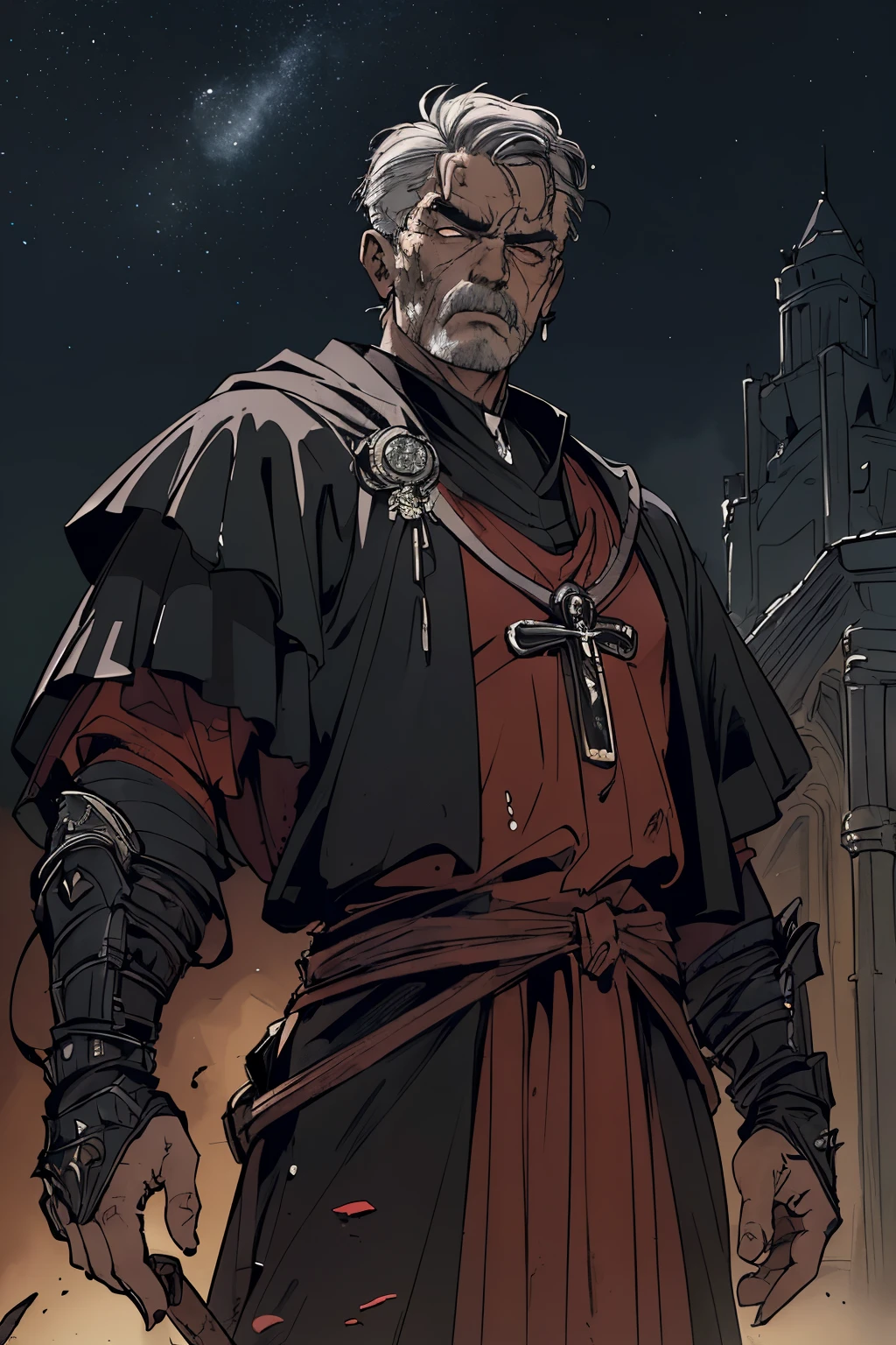 masterpiece:1.2, best quality, ultra detailed,  absurdres,  1man,male_focused, masculine, rugged (old male) ,blood splatter,  (action shot), badass priest, father, black_priest_clothing, robe, gray_hair, in the style of  Kentaro Miura, handsome face,, fantasy, SCI-FI, night sky, 