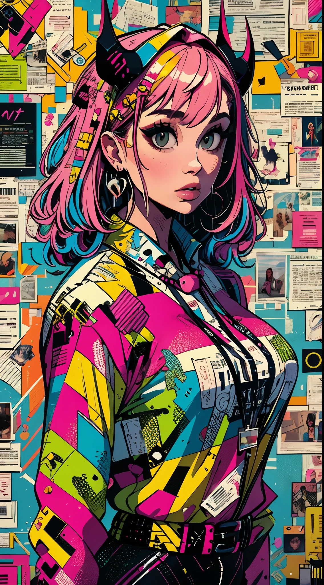 ((Masterpiece, Best)), (1girl), ((Trendy Girl)), Light Pink Hair, Halo, Horn, ((Office Lady)), Bangs, Mid-breasted, (Plump), Slim, Colorful Hair Color, Trendy Clothing, Street Culture