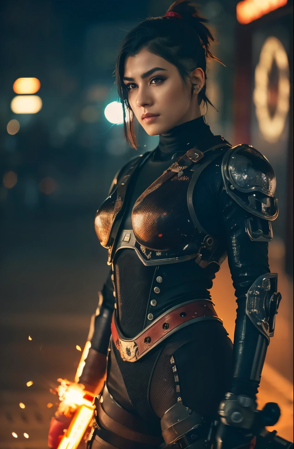 This is a CG Unity 8k wallpaper with ultra-detailed, high-resolution and top quality in cyberpunk style, dominated by black with a hint of red, In the picture, a beautiful 20 year old badass cyberpunk girl with short half shaved hair , a delicate face, wearing a damaged, scraped, dented but intricate leather steam armored mecha suit covered in little red Japanese characters,  tattooed on neck, standing on the ruins in a (Kong Fu) pose, holding a pure black katana with a red glowing razor blade, behind her is a [huge military robot] , Social realism, Hyperrealism, sparkle, cinematic lighting, lens flare, Ultra-Wide Angle, moody, ruins scene, dramatic light, cinematic, black ash, bokeh, motion blur, sparks, burning, intricate detail, hyper realistic, Smokey eye makeup 