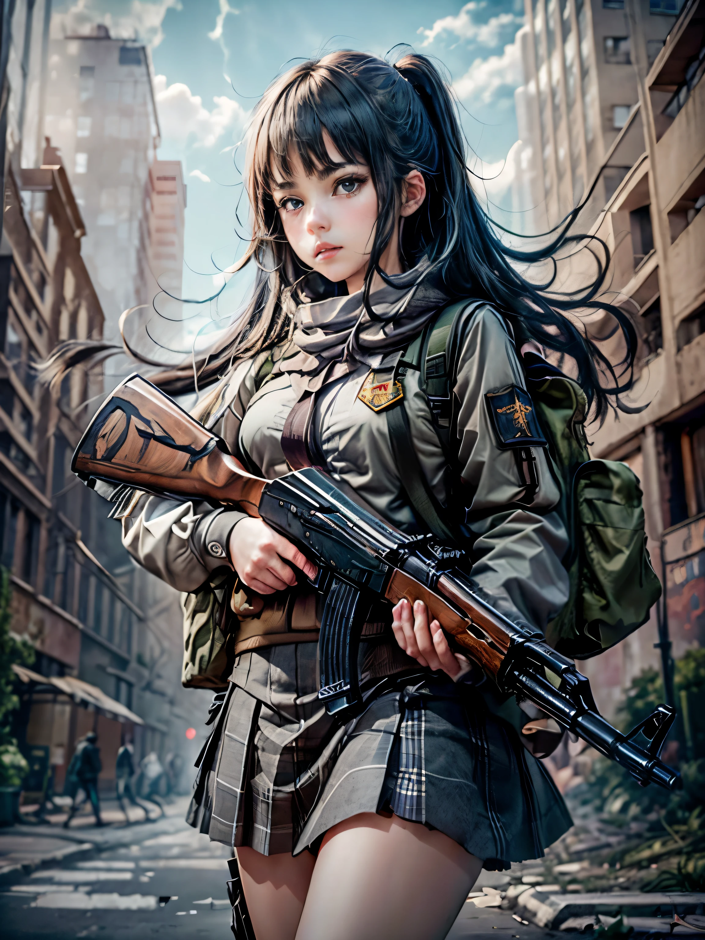 masterpiece, best quality, high resolution, extremely detailed CG, 1girl, school uniform, holding ak-47, akm, kalashnikov_rifle, assault_rifle, holding_gun, (aiming:1.2), finger on trigger, (well crafted fingers:1.3), ((ruined city background))