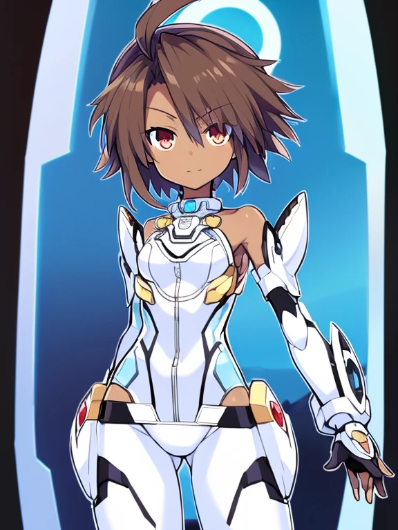 Masterpiece, highly detailed, ultra quality, ultra high .res, amazing quality, superior quality, glowing, date a live, xenosaga, Hyperdimension Neptunia white heart, no game no life, flat chested, (male), (9 year old boy), otokonoko, (((Dark skin))), cute, big innocent ruby red eye's, (dark brown hair), (white Mechanical exoskeleton), ((mecha_musume)),short hair,(((white elbow gloves))),((black bodysuit)),(floating_armor),Mechanical headgear,, white mecha thigh armoured attachment, black pants leggings, zoom in, close up, pose, adorable smile, adorable,