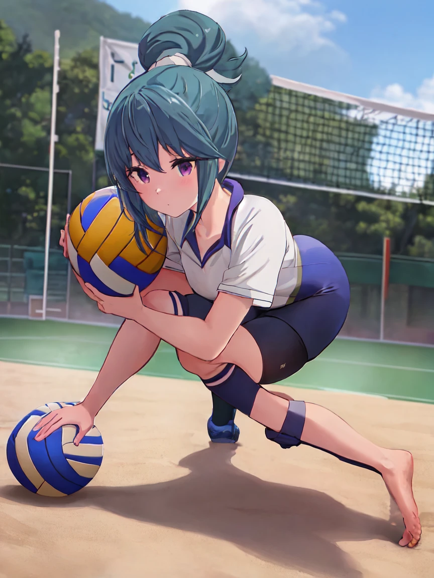 highest quality, masterpiece, High resolution, alone, {Shima_Also_yuru camp:1.15}, green_hair, purple_eye, closed_mouth, single_hair_good, hair_good, 1 girl, 前hair, blurry, blurry_background, (volleyball uniform:1.3)、(barefoot)、dark blue socks,(sports boots)、short、full body shot, crawl on all fours、back、Cute ass