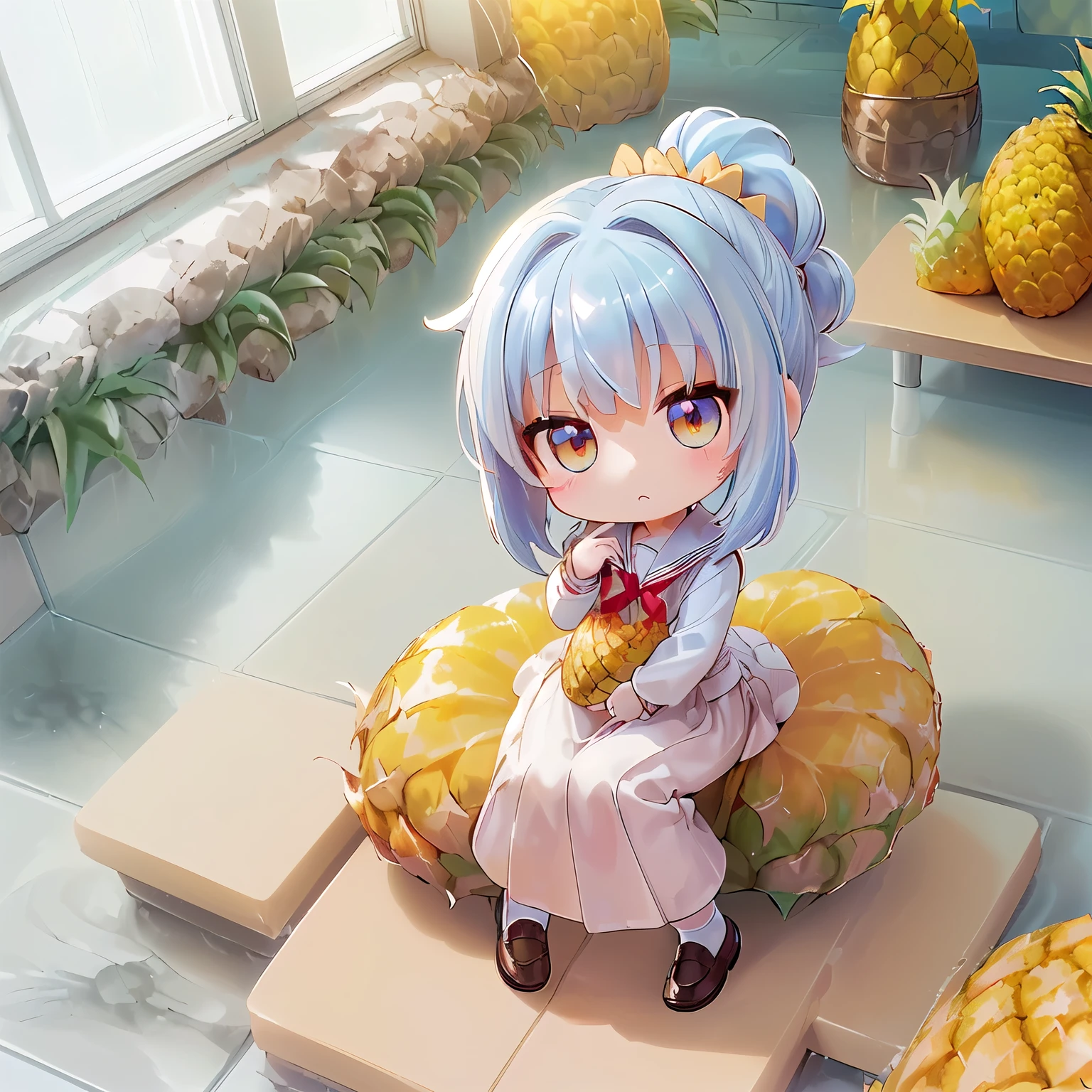 ((Chibi, miniature, REAL, pineapple, 3DCG, Nendoroid, 1 girl: 1.3)) ,(Masterpiece, almond-shaped eyes, glossy white-blue hair, short chignon hair, top quality, carefully drawn fingertips, beautiful anatomy : 1.4), (half body: 1.3), (Red cheeks, indifference, no expression, hair blowing in the wind: 1.2), (Slim and warm clothes, warm student style,warm long skirt,Fluffy Loafer,big ribbon,Celebrity Life style: 1.2), (pineapple building,stone wall,Window,stone floor:1.3),(school mate, begging pose, school Days,classroom,chibi teacher,Lesson:1.3)