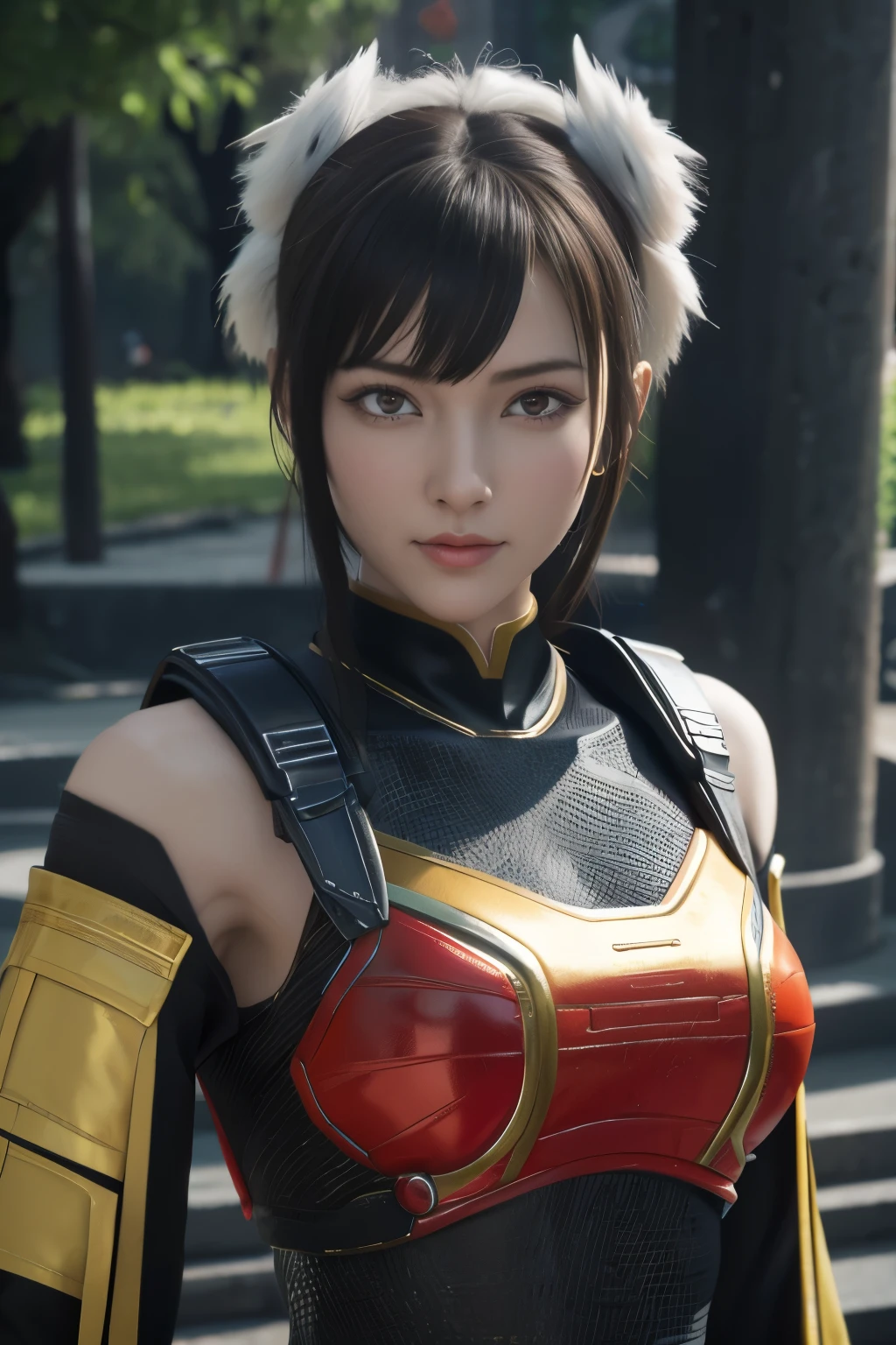 Game art，The best picture quality，Highest resolution，8K，(A bust photograph)，(Portrait)，(Head close-up)，(Rule of thirds)，Unreal Engine 5 rendering works， (The Girl of the Future)，(Female Warrior)， 22岁少女，(Female hackers)，(White，Ancient Oriental hairstyle)，((The pupils of the red eyes:1.3))，(A beautiful eye full of detail)，(Big breasts)，(Eye shadow)，优雅迷人，冷漠，((Anger))，(Cyberpunk jacket full of futuristic look，Joint Armor，There are exquisite Chinese patterns on the clothes，A flash of jewellery)，赛博朋克人物，未来风格， 拍照姿势，城市背景，Movie lights，Ray tracing，Game CG，((3D Unreal Engine))，oc渲染反射纹