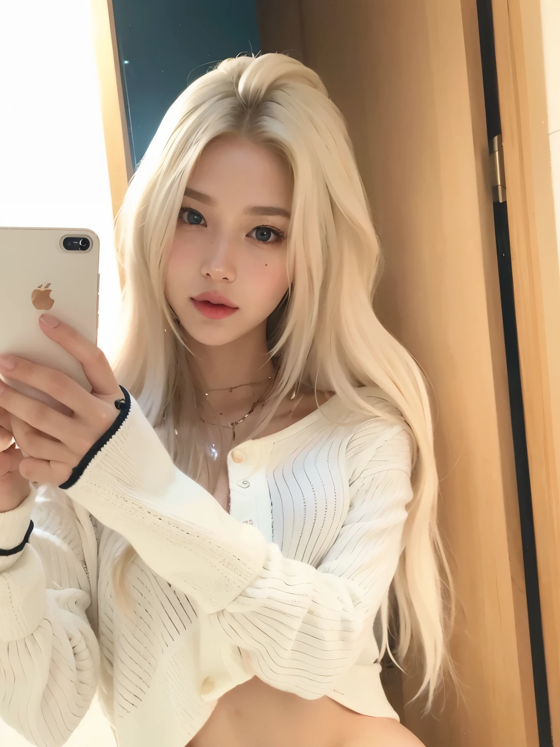 blonde woman taking a selfie with her phone in a mirror, with white long hair, with long white hair, ulzzang, roseanne park of blackpink, with long blond hair, her hair is white, long white hair and bangs, korean girl, white - blond hair, white long hair, white long hair!!, perfect white haired girl, extremely pale blond hair