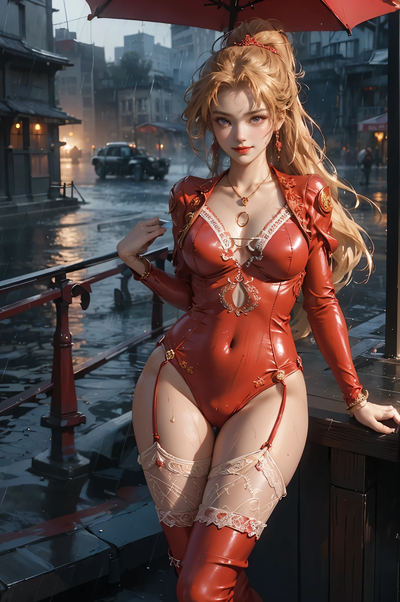 (masutepiece, Best Quality), ultra-detailliert, Photorealsitic, Beautiful woman with blonde ponytail, ((Detailed red lace bodysuit)), Red garter belt, a necklace, A bracelet, anklets, ((lace decoration)), high-heels, Wavy Hair, Perfect face, Beautiful face, enticing, big gorgeous eyes, I have my mouth wide open, red-lips, makeup, heavy eye makeup, seducting smile, Voluptuous body, seducting smile, Glamorous body, Big ass, a wet body, (plein air), suggestive pose, Rainy cityscape, Wet with rain, Bright colors, Facing the body forward