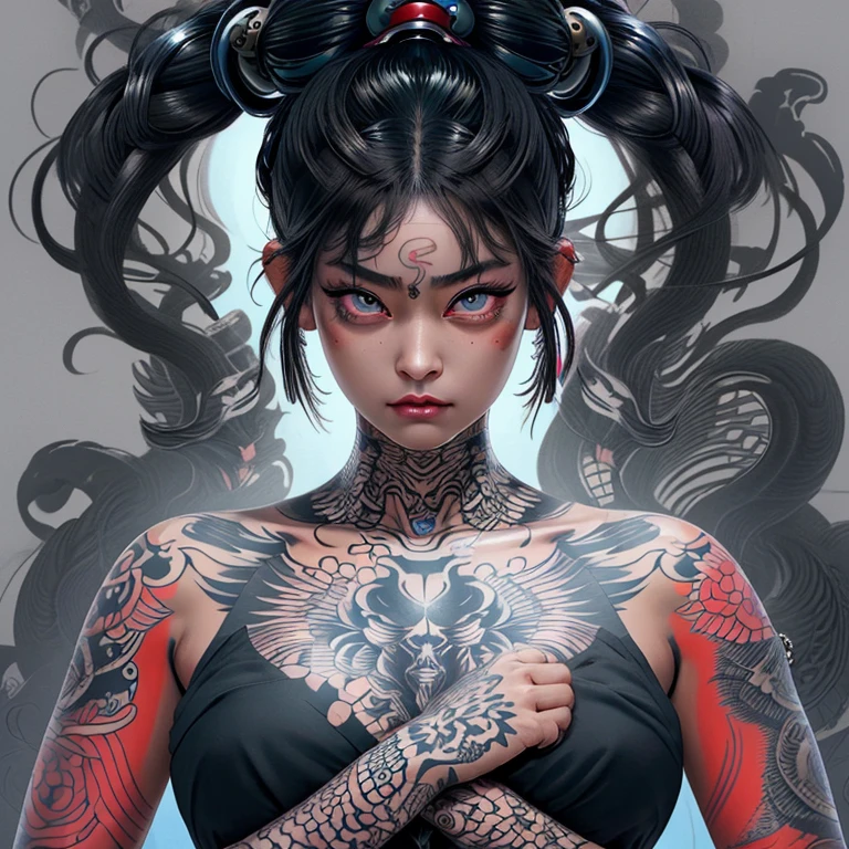 [[highly detailed face]], [[goddess face]], An Yakuza girl, showing all her tattoos, full body image, she is covered in tattoos, long black hair, high quality images, unreal engine, perfect skin texture, goddess face, big light blue eyes!!