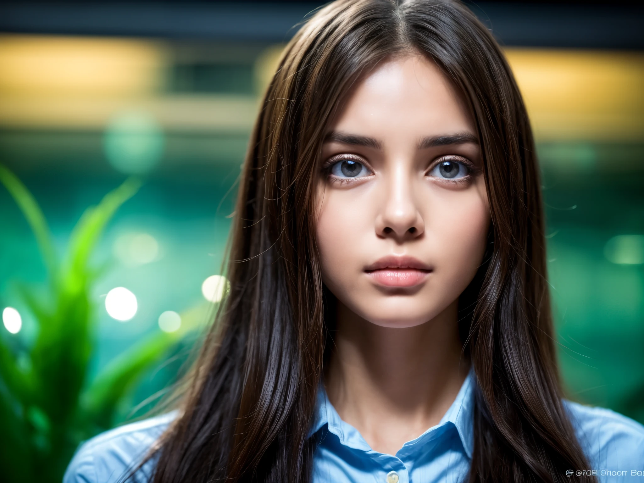 a girl with beautiful detailed eyes, beautiful detailed lips, and an extremely detailed face, waiting for her boyfriend's arrival on their first date, at the entrance of an aquarium, concerned about the time and looking at the clock, with an anxious expression (best quality, 4K), medium: oil painting, ultra-detailed, realistic, vivid colors, soft and warm color tones, soft studio lighting