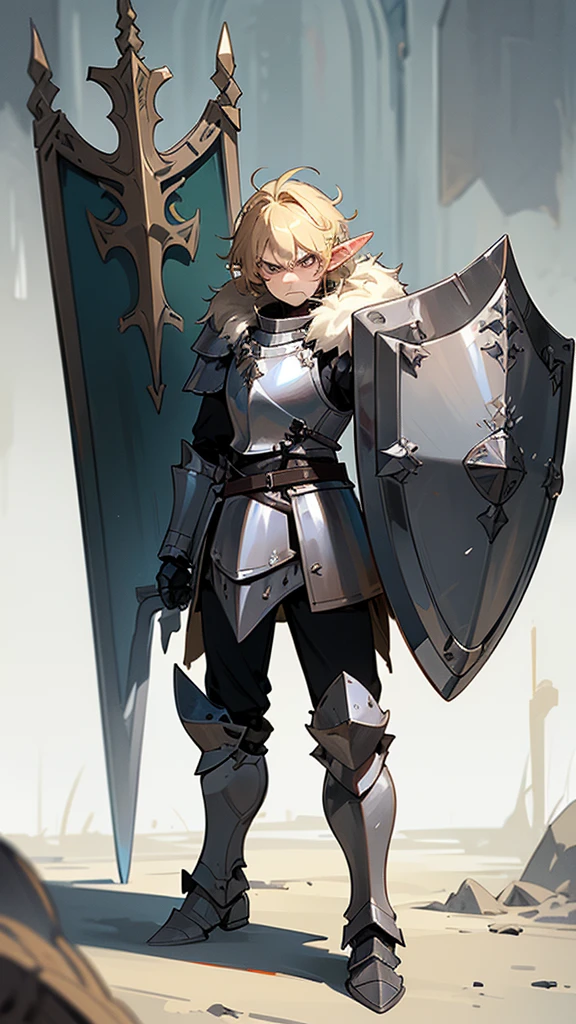,solo,1boy,(elf:1.2),(knight:1.2),(metal_armor:1.2),(fur:1.2),(blonde_hair:1.2),(Messy_hair:1.2),(angry:1.2),(Standing:1.2),(weapon_over_shoulder:1.2),(black_eyes:1.2),(shield:1.2),(armored_boots:1.2),(hill:1.2)