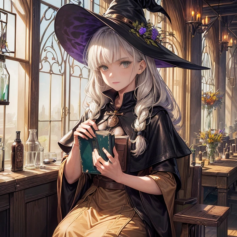 (A witch around 25 years old holding a thick leather bound book.:1.3)、 beige dress black cloak、dark brown long boots、green eyes、flaxen long braided hair、 troubled face、large sapphire brooch、sunroom、Chemistry Experiments、big pot、Many dried flowers hanging from the ceiling、(colors on the desk々Many medicine bottles of different colors:1.2)