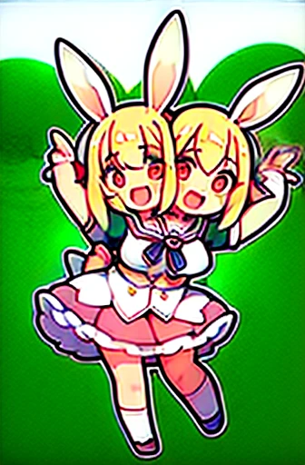 1girl of (2heads:1.5), a woman with (two heads:1.5), 2 arms, two legs, rabbit ears, skirt, forest background, smile, open mouth