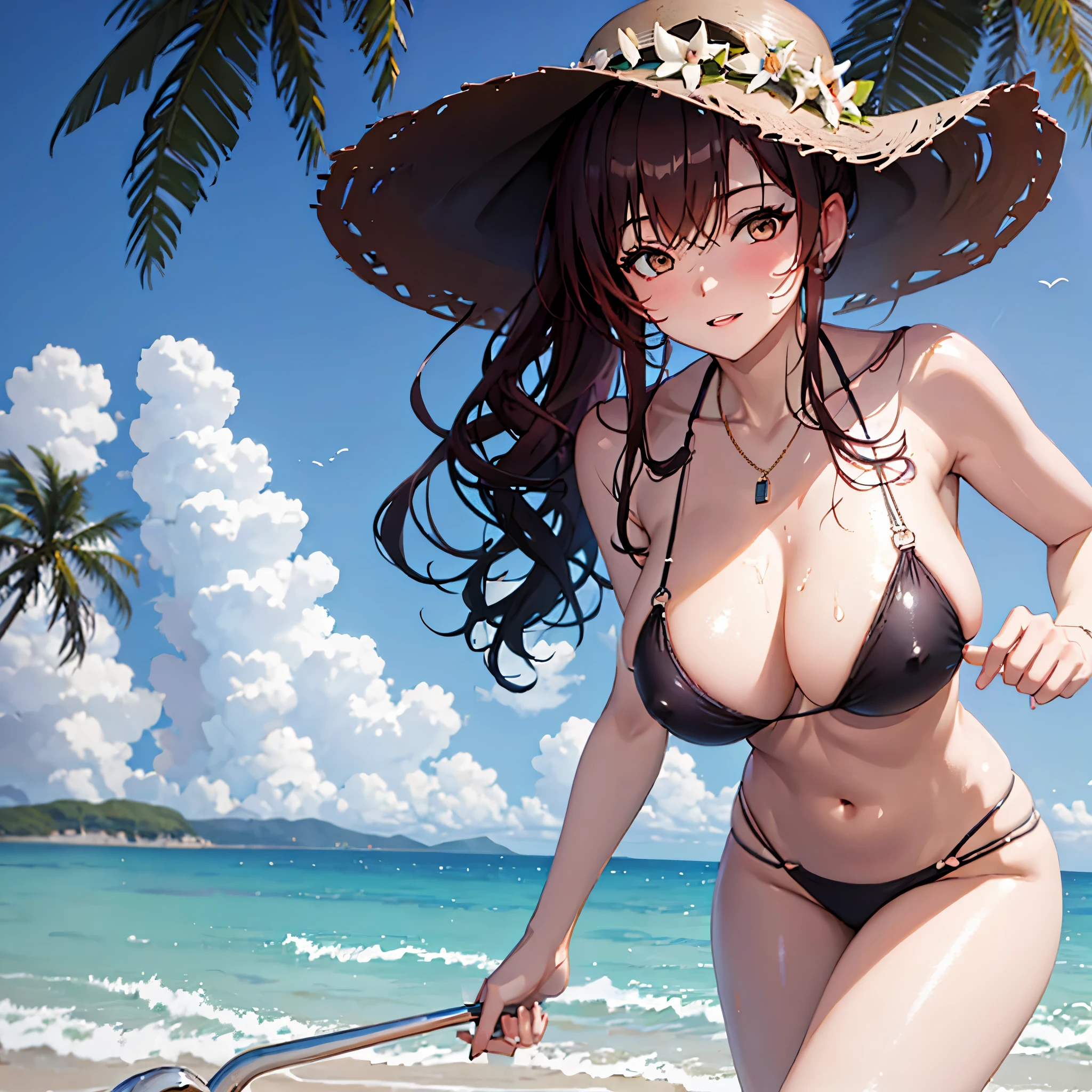 a woman walking on the beach, big breasts